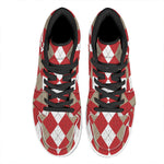 Beige Red And White Argyle Pattern Print High Top Leather Sneakers