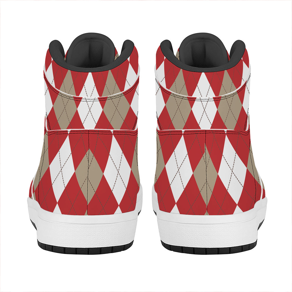 Beige Red And White Argyle Pattern Print High Top Leather Sneakers