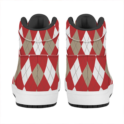 Beige Red And White Argyle Pattern Print High Top Leather Sneakers