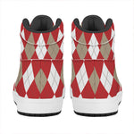 Beige Red And White Argyle Pattern Print High Top Leather Sneakers