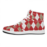 Beige Red And White Argyle Pattern Print High Top Leather Sneakers