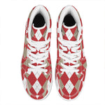 Beige Red And White Argyle Pattern Print High Top Leather Sneakers
