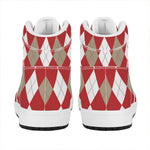 Beige Red And White Argyle Pattern Print High Top Leather Sneakers