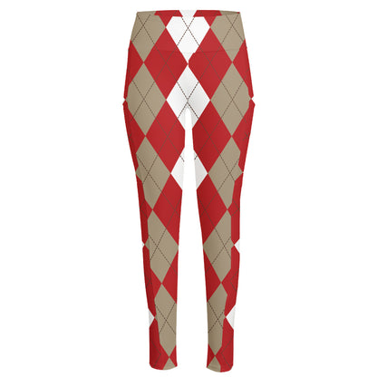 Beige Red And White Argyle Pattern Print High-Waisted Pocket Leggings