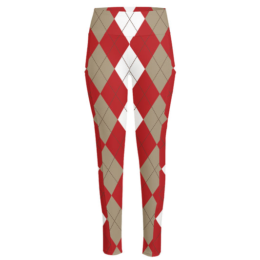 Beige Red And White Argyle Pattern Print High-Waisted Pocket Leggings