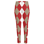 Beige Red And White Argyle Pattern Print High-Waisted Pocket Leggings