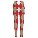 Beige Red And White Argyle Pattern Print High-Waisted Pocket Leggings
