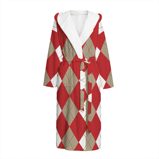 Beige Red And White Argyle Pattern Print Hooded Bathrobe