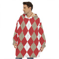 Beige Red And White Argyle Pattern Print Hoodie Blanket