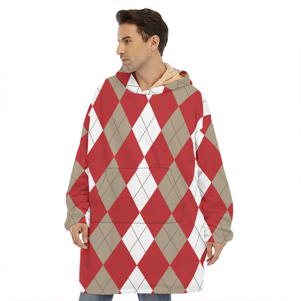 Beige Red And White Argyle Pattern Print Hoodie Blanket