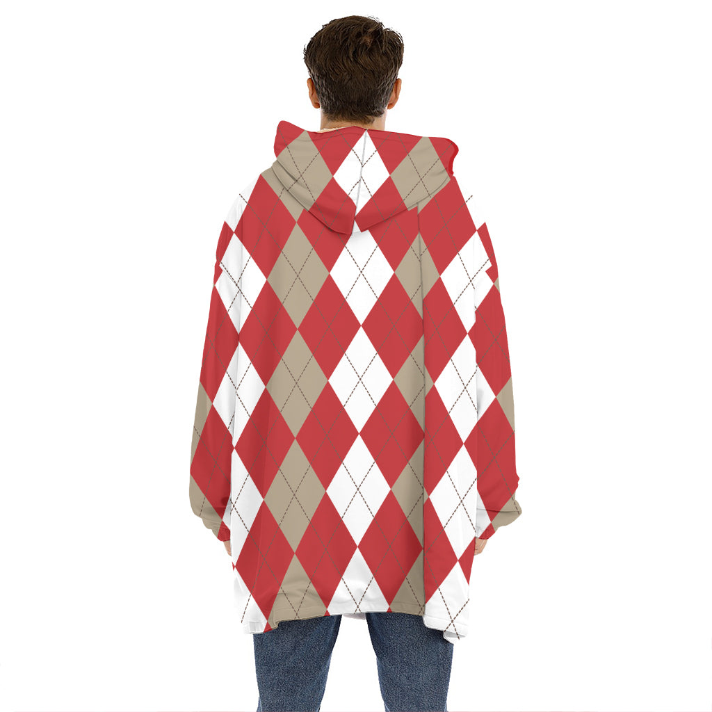 Beige Red And White Argyle Pattern Print Hoodie Blanket