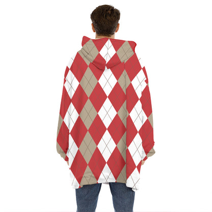 Beige Red And White Argyle Pattern Print Hoodie Blanket