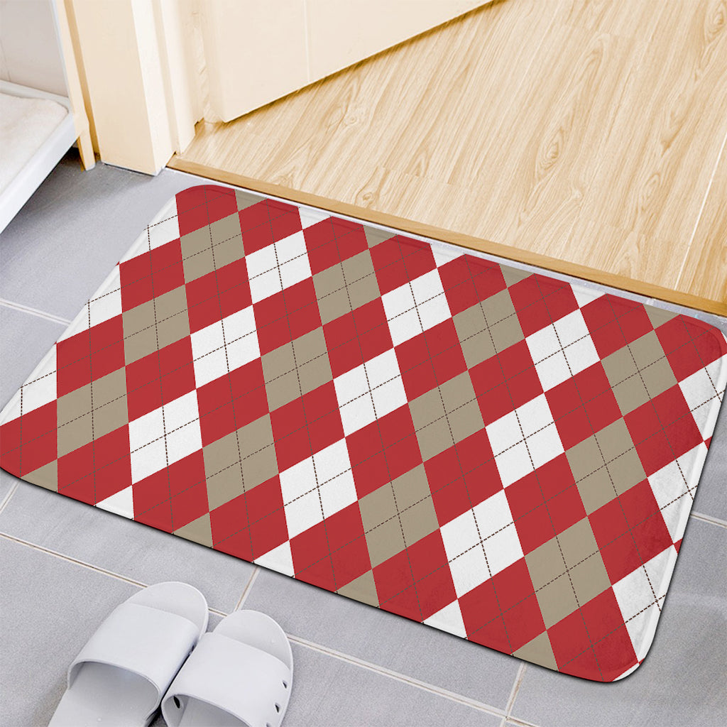 Beige Red And White Argyle Pattern Print Indoor Door Mat