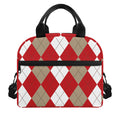 Beige Red And White Argyle Pattern Print Insulated Lunch Bag