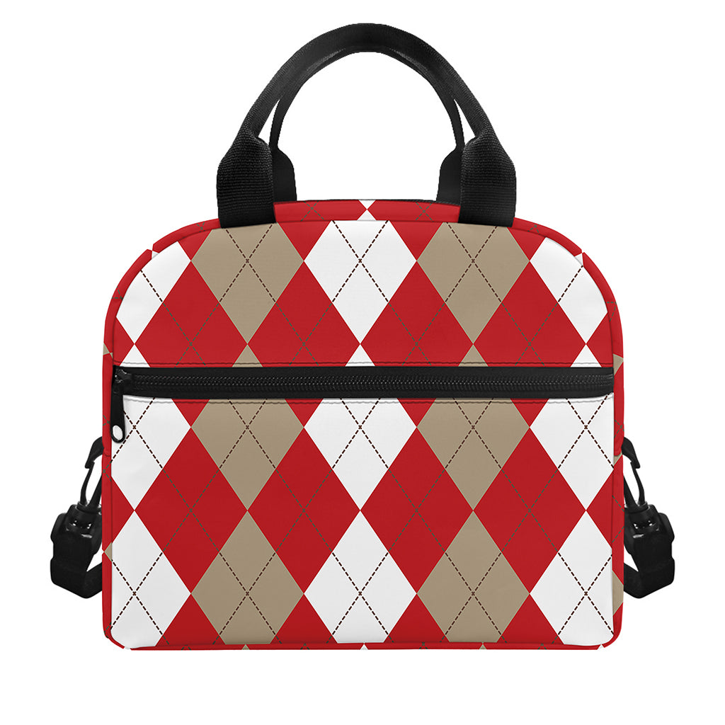 Beige Red And White Argyle Pattern Print Insulated Lunch Bag