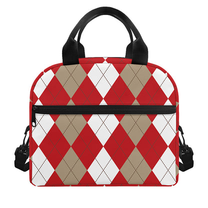 Beige Red And White Argyle Pattern Print Insulated Lunch Bag