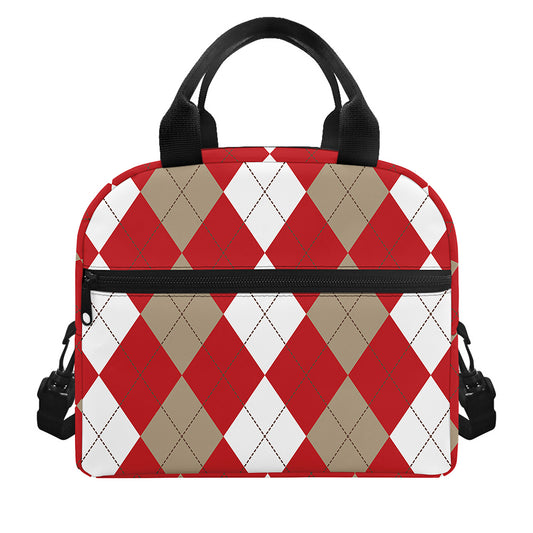 Beige Red And White Argyle Pattern Print Insulated Lunch Bag