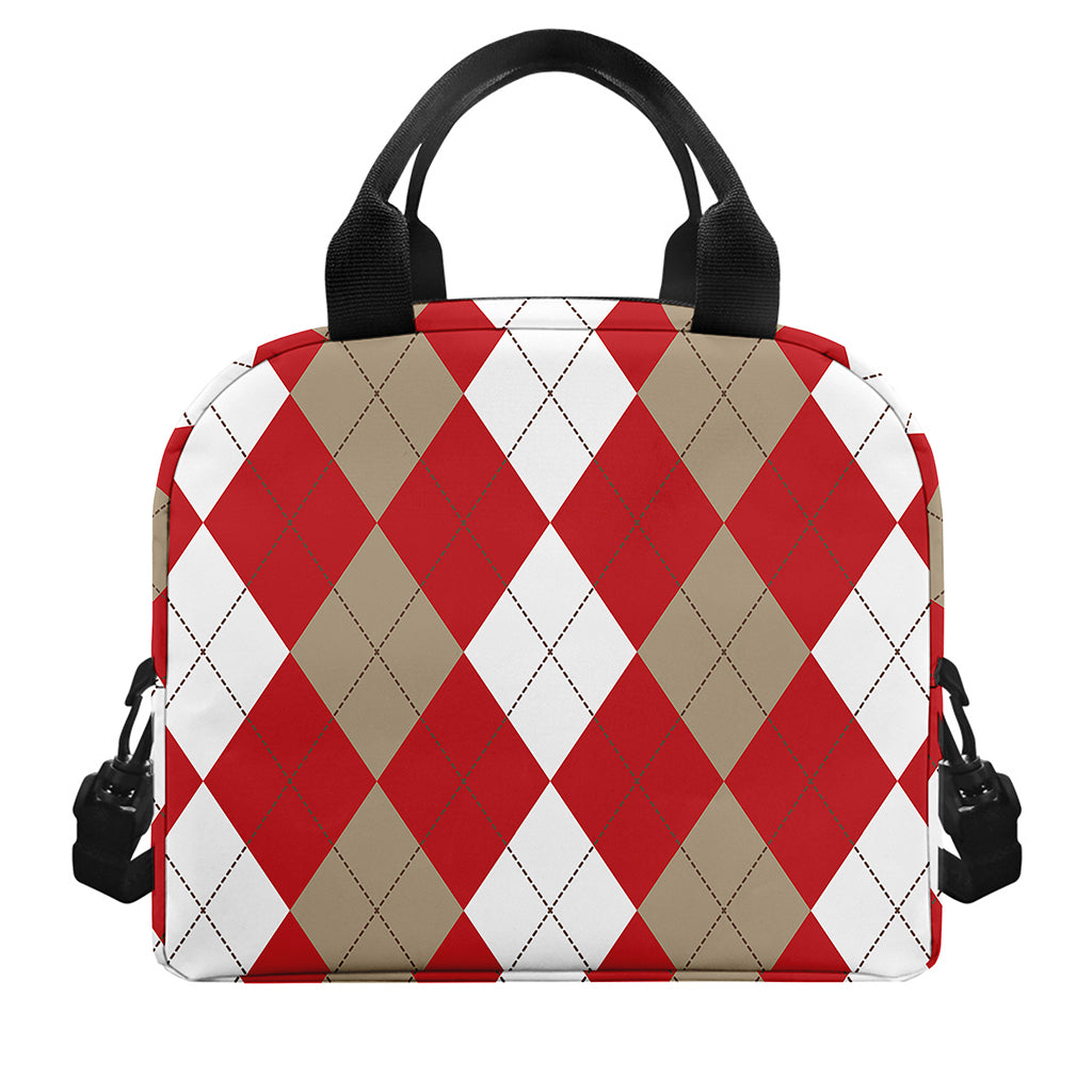 Beige Red And White Argyle Pattern Print Insulated Lunch Bag