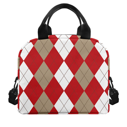 Beige Red And White Argyle Pattern Print Insulated Lunch Bag