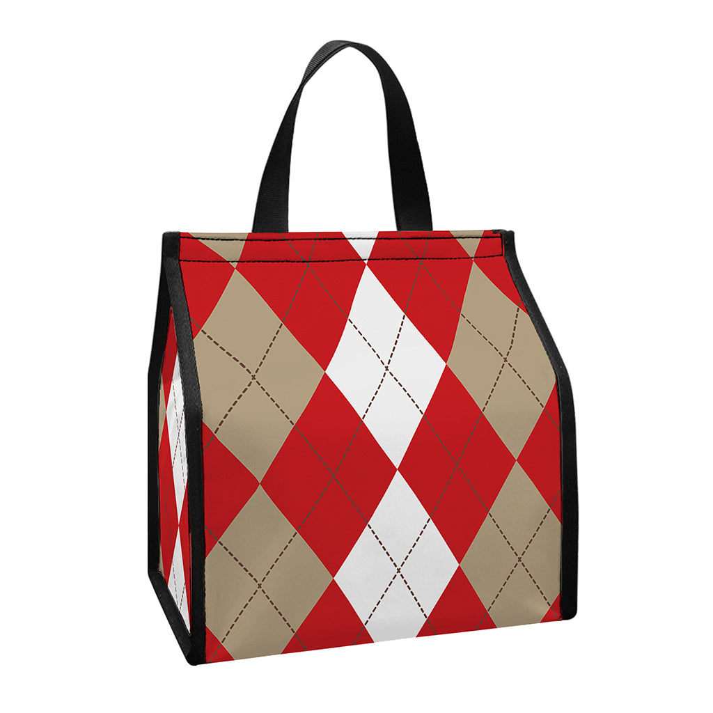 Beige Red And White Argyle Pattern Print Insulated Lunch Tote