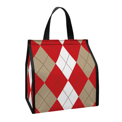 Beige Red And White Argyle Pattern Print Insulated Lunch Tote