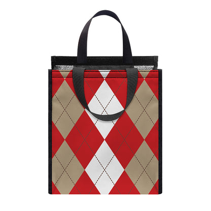 Beige Red And White Argyle Pattern Print Insulated Lunch Tote