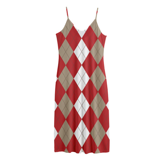 Beige Red And White Argyle Pattern Print Jersey Midi Cami Dress
