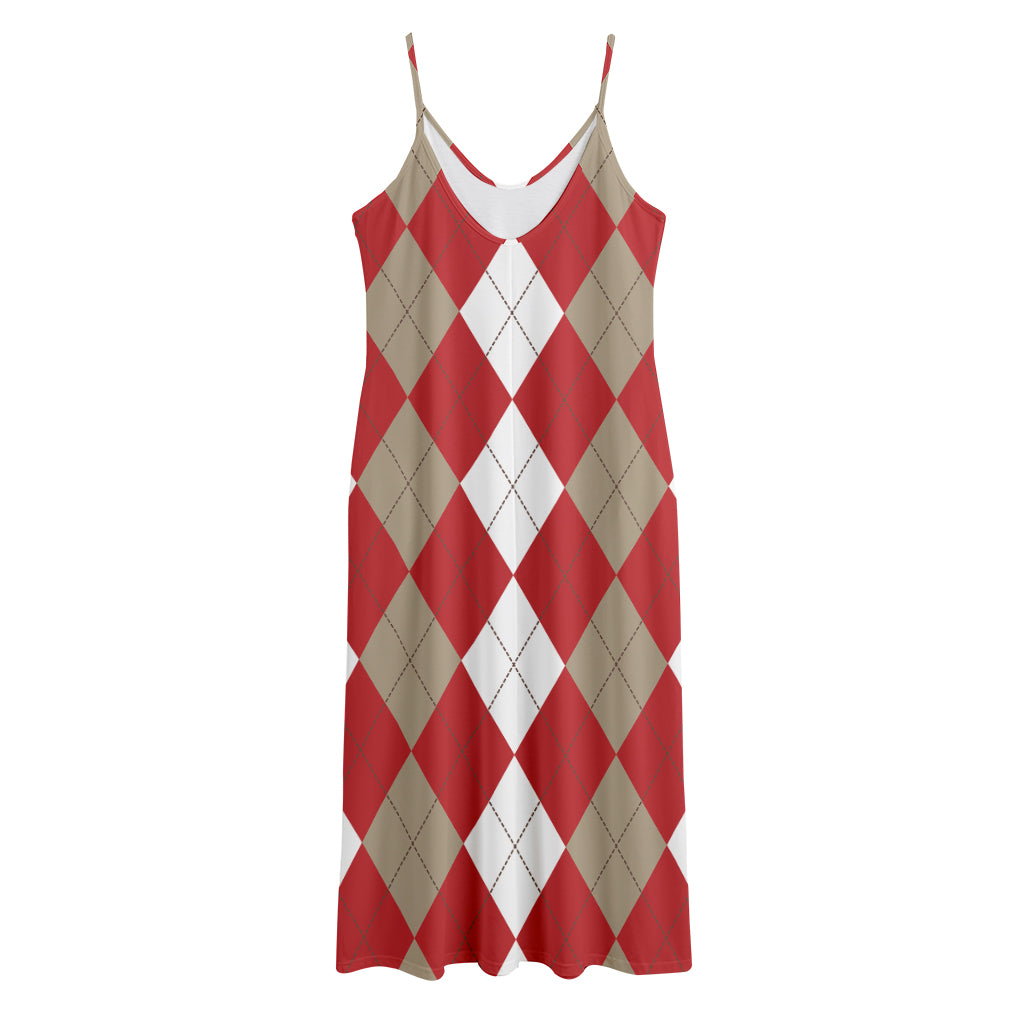 Beige Red And White Argyle Pattern Print Jersey Midi Cami Dress