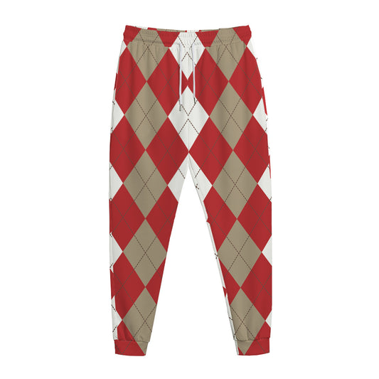 Beige Red And White Argyle Pattern Print Jogger Pants