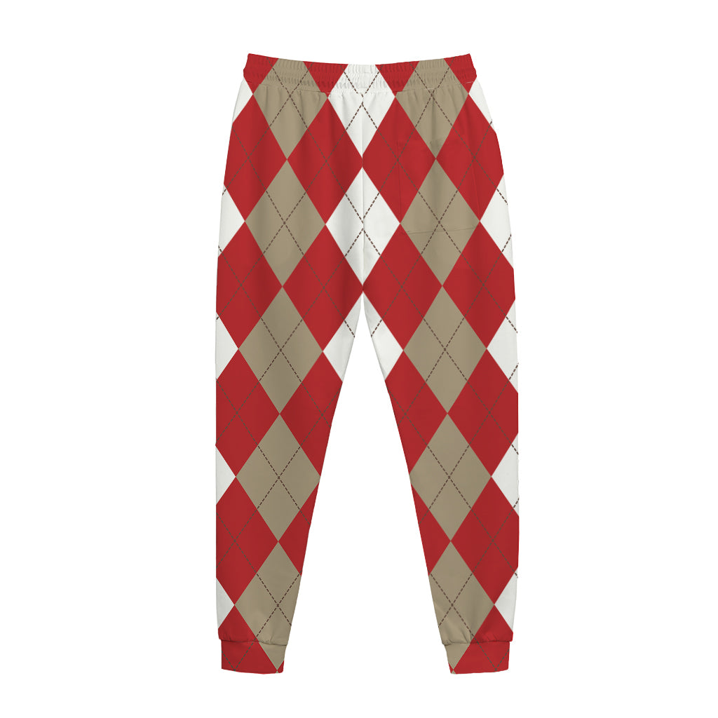 Beige Red And White Argyle Pattern Print Jogger Pants
