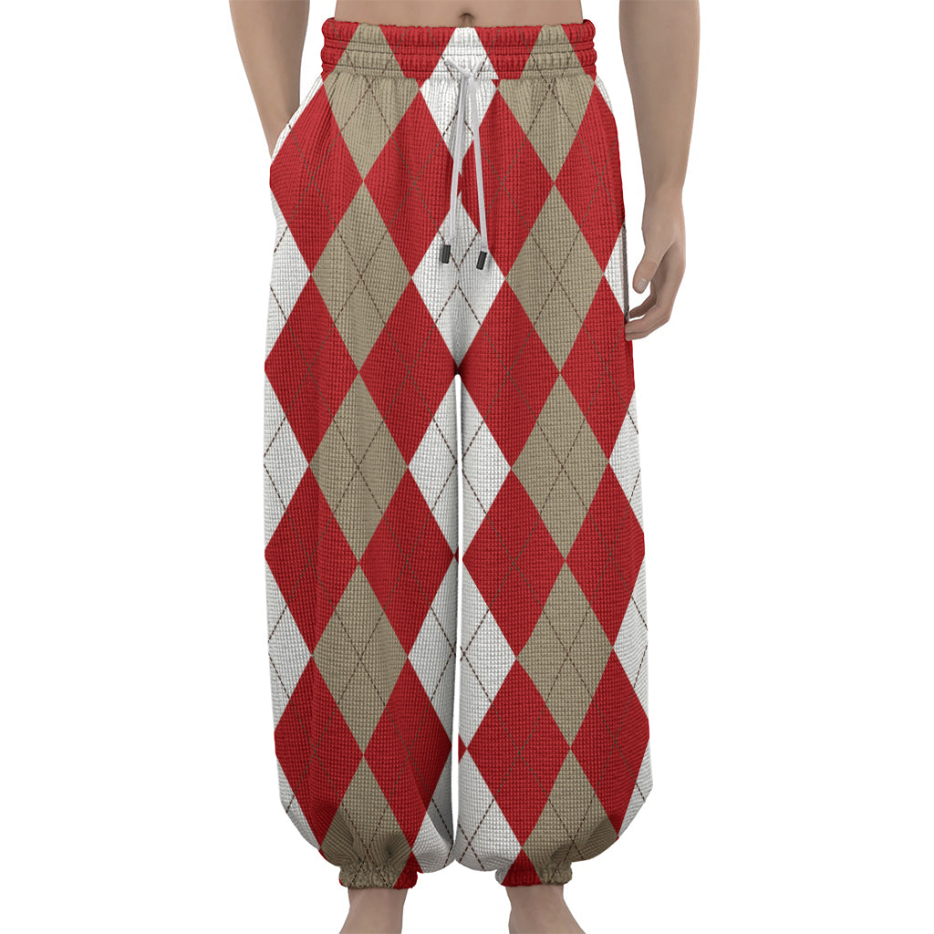 Beige Red And White Argyle Pattern Print Lantern Pants