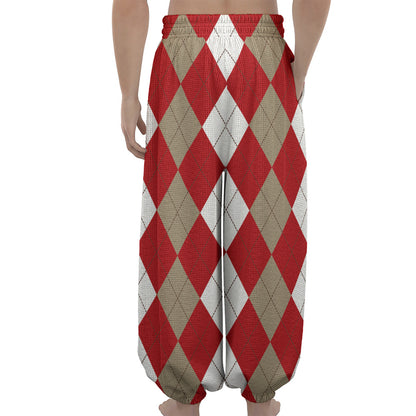 Beige Red And White Argyle Pattern Print Lantern Pants