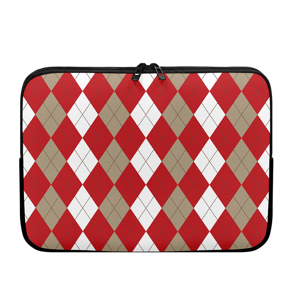 Beige Red And White Argyle Pattern Print Laptop Sleeve