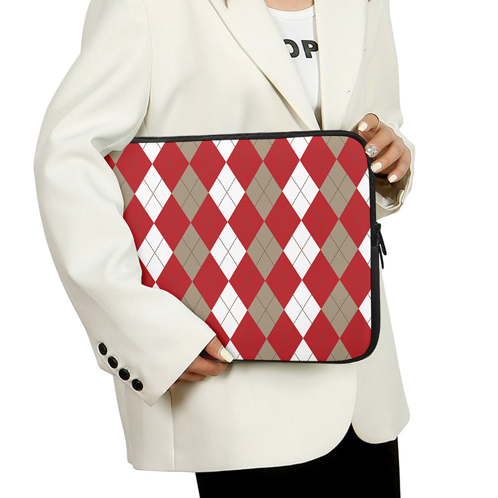Beige Red And White Argyle Pattern Print Laptop Sleeve