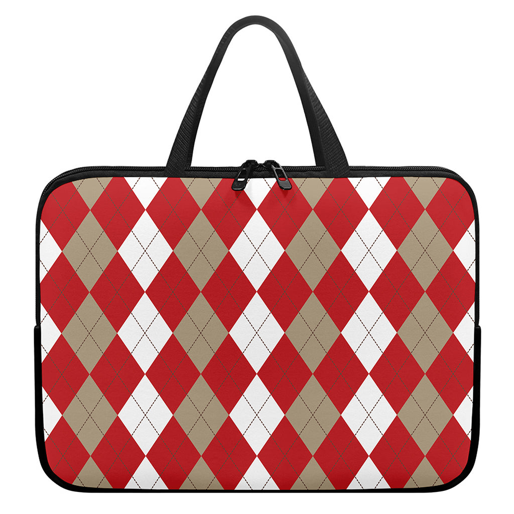 Beige Red And White Argyle Pattern Print Laptop Sleeve With Handle
