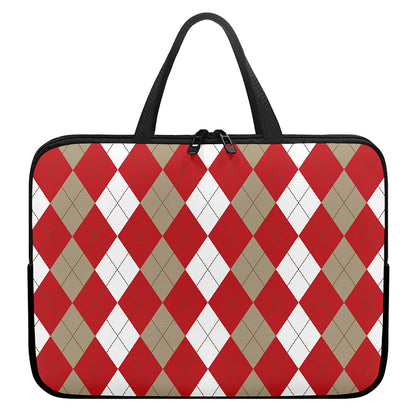 Beige Red And White Argyle Pattern Print Laptop Sleeve With Handle