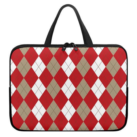 Beige Red And White Argyle Pattern Print Laptop Sleeve With Handle