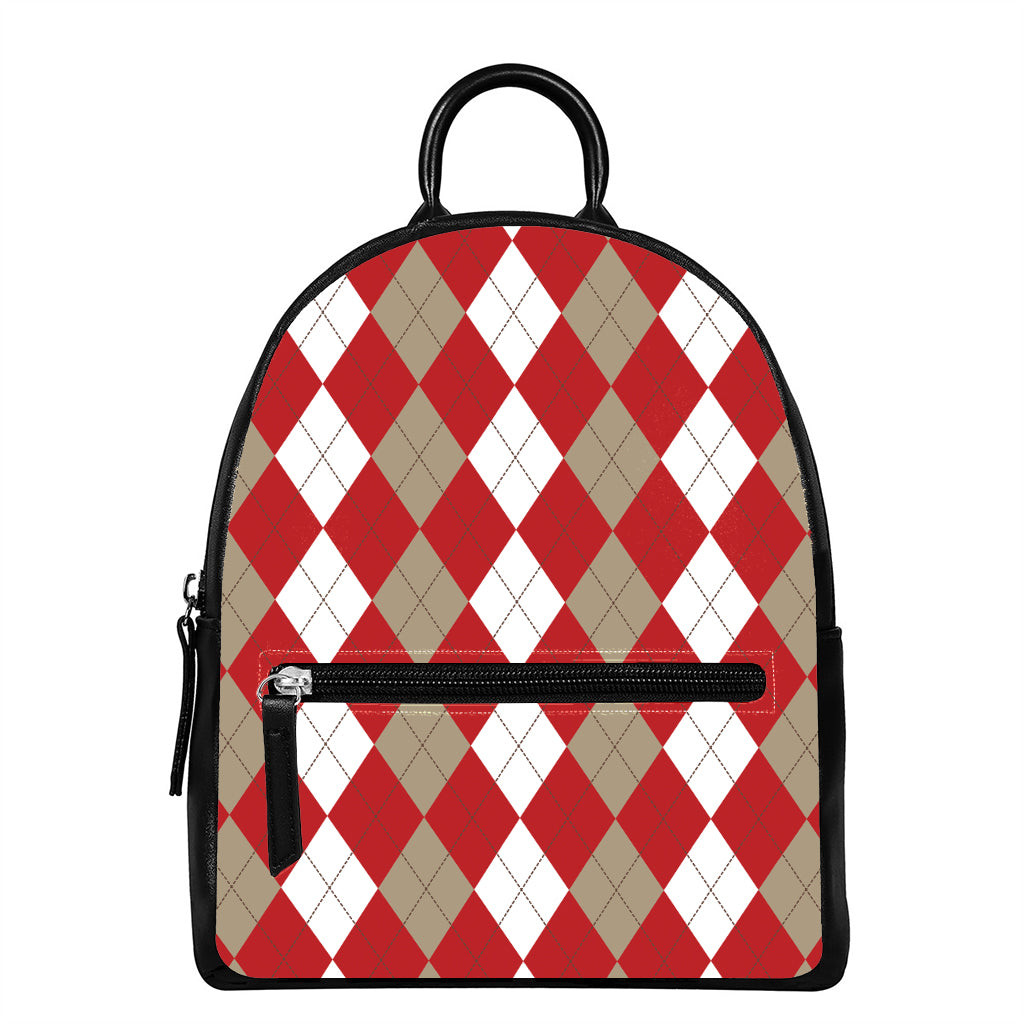 Beige Red And White Argyle Pattern Print Leather Backpack