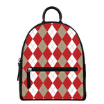 Beige Red And White Argyle Pattern Print Leather Backpack