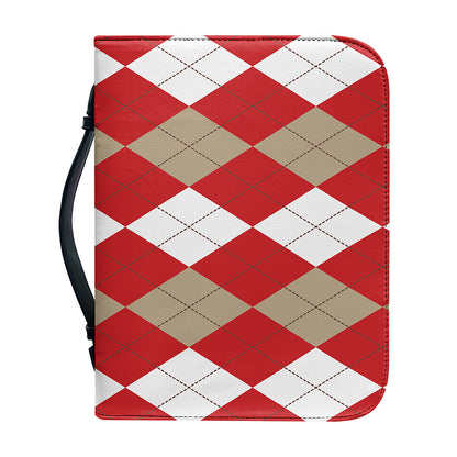 Beige Red And White Argyle Pattern Print Leather Bible Cover