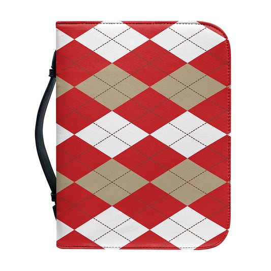 Beige Red And White Argyle Pattern Print Leather Bible Cover