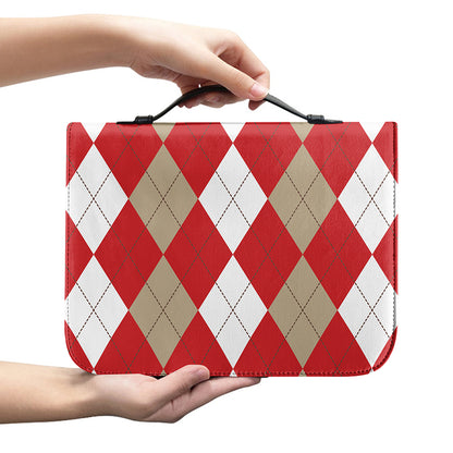 Beige Red And White Argyle Pattern Print Leather Bible Cover