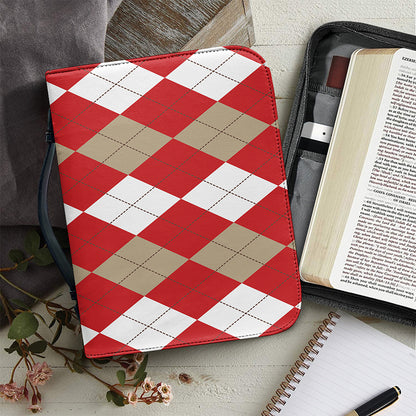 Beige Red And White Argyle Pattern Print Leather Bible Cover