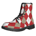 Beige Red And White Argyle Pattern Print Lace-Up Boots