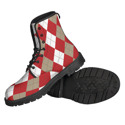 Beige Red And White Argyle Pattern Print Backpack