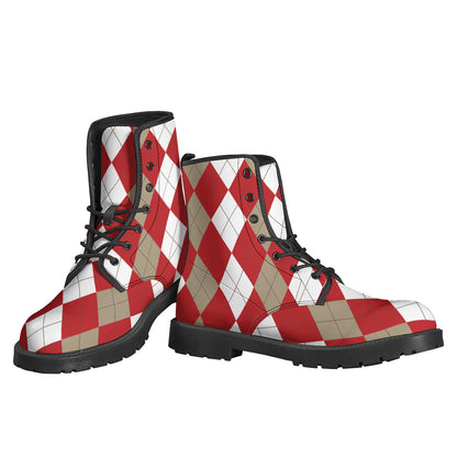 Beige Red And White Argyle Pattern Print Backpack
