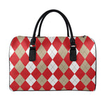 Beige Red And White Argyle Pattern Print Leather Duffle Bag