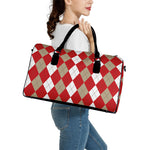 Beige Red And White Argyle Pattern Print Leather Duffle Bag