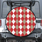 Beige Red And White Argyle Pattern Print Leather Spare Tire Cover