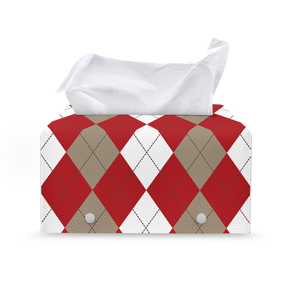 Beige Red And White Argyle Pattern Print Leather Tissue Box Cover
